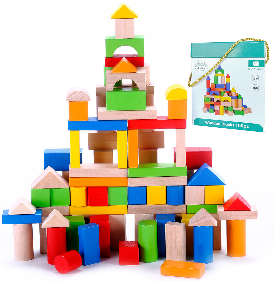 Wooden Building Blocks 100 Piece Set Natural Color Boys Girls Toys Wood Kids