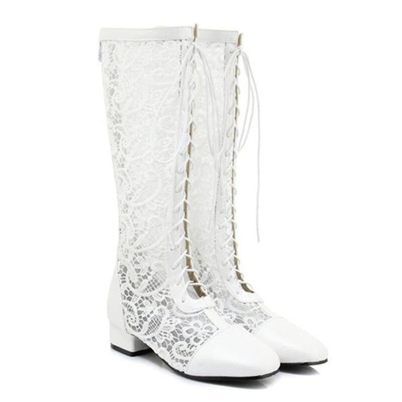 White Beige Roman Lace Boots