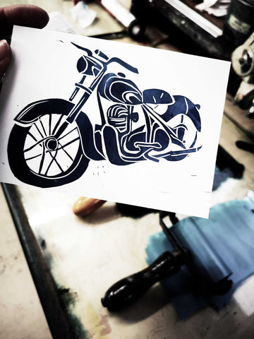 Blue and green motorbike lino print cards hand printed