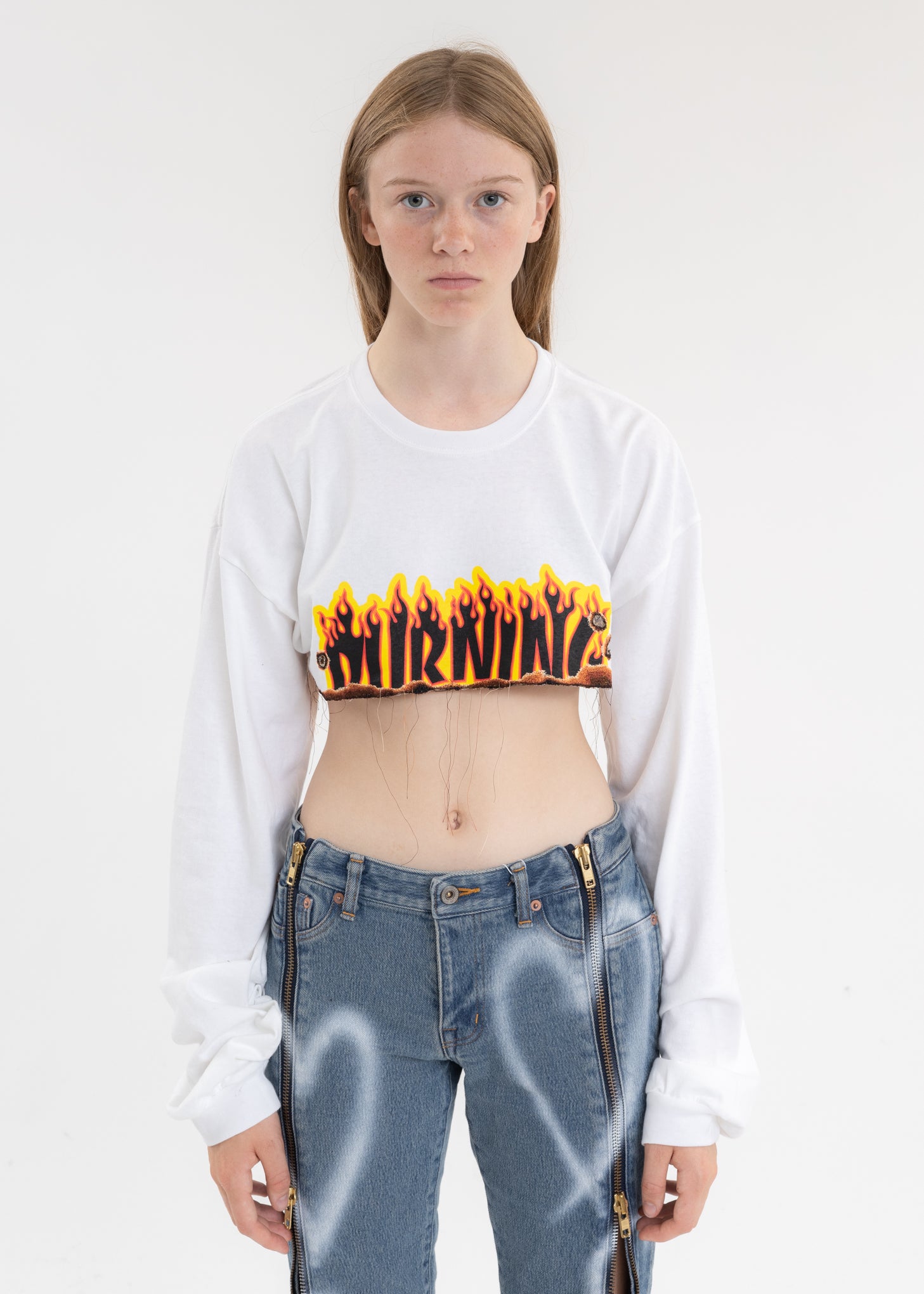 White BURNING EMBROIDERY CROPPED LONG SLEEVE T-SHIRT – 017 Shop