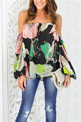 ladies black floral print smock peasant style top