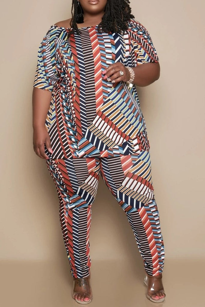 Geometric Print Plus Size Polka Dot Two Piece Sets