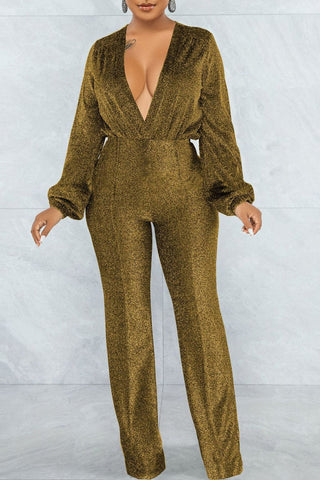 High-elastic Deep V Neck Long Sleeve Jumpsuit