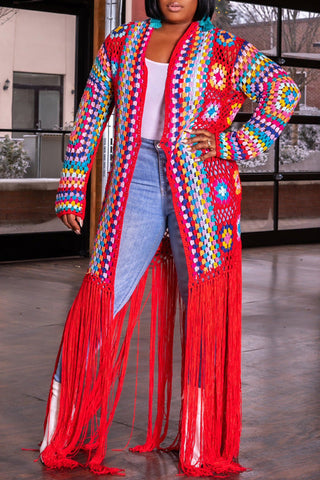 Pure Hand Crochet Irregular Fringe Belted Coat