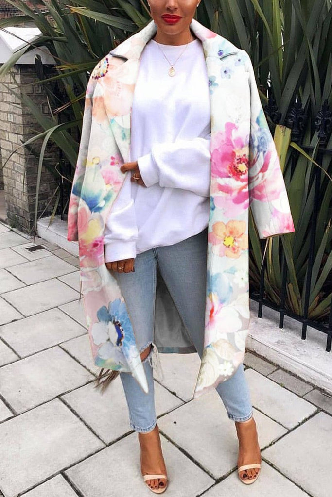 Wide Lapel Digital Print Casual Long Coat