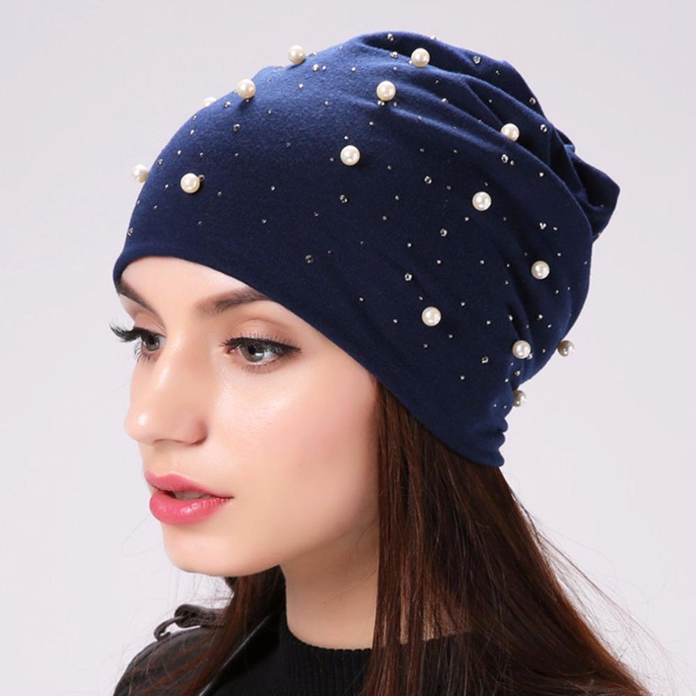 Women's Beanie Hat With Shine Pearls & Rhinestones