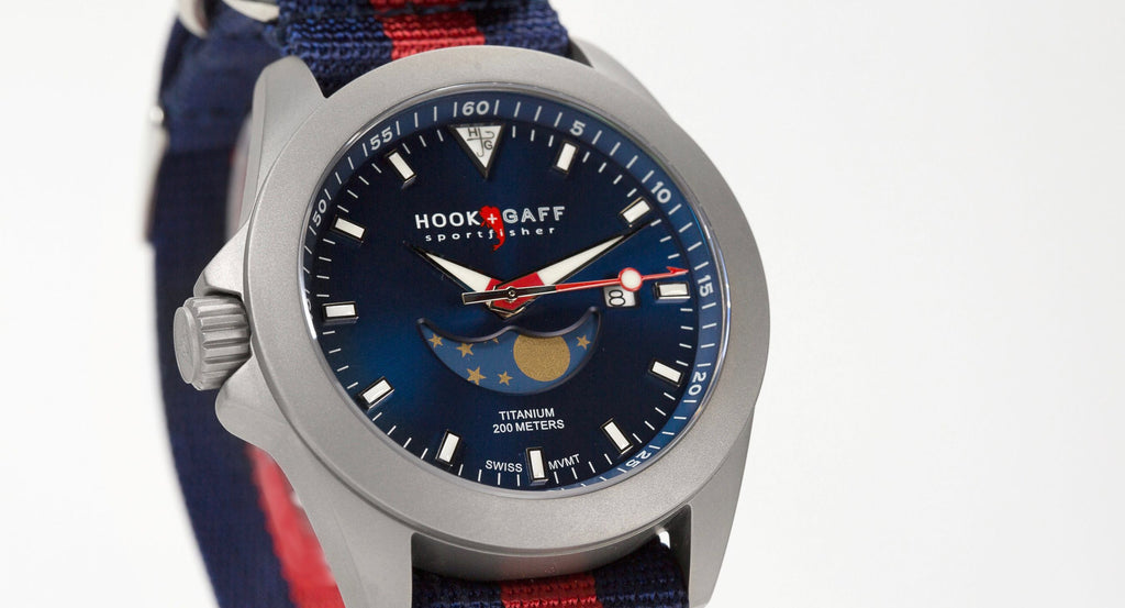 hook+gaff sportfisher ii blue dial moonphase watch
