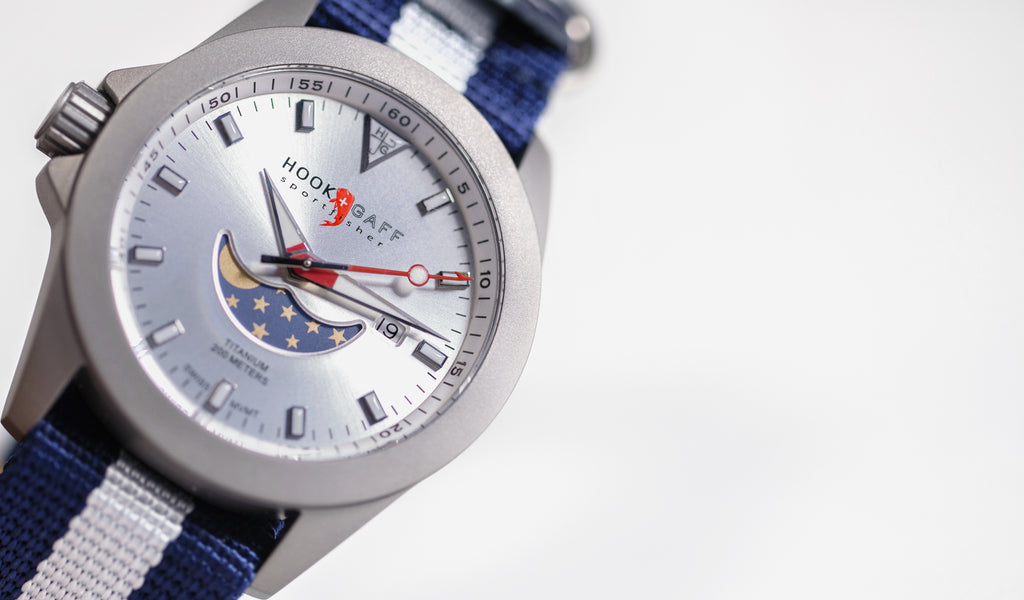 hook+gaff sportfisher moonphase watch - silver dial