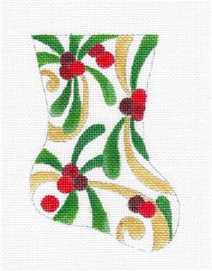 Stocking~Mistletoe & Berries Mini Stocking handpainted Needlepoint Ornament Raymond Crawford