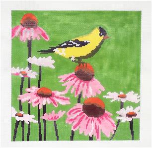 Goldfinch on Cone Flower handpainted Needlepoint Canvas by Liora Manne from CBK