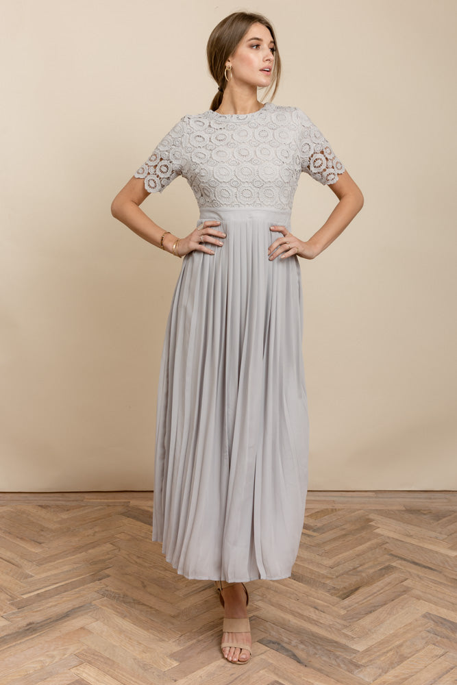 loveable gold lace maxi dress in grey