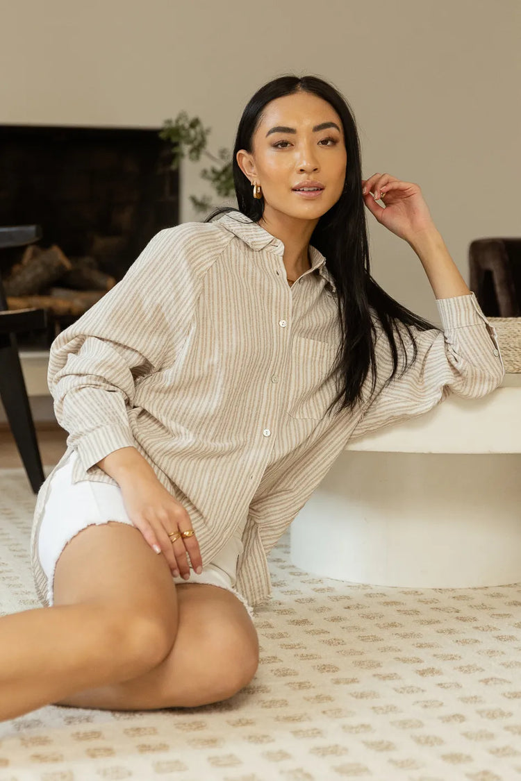 taupe stiped button up with oversized fit