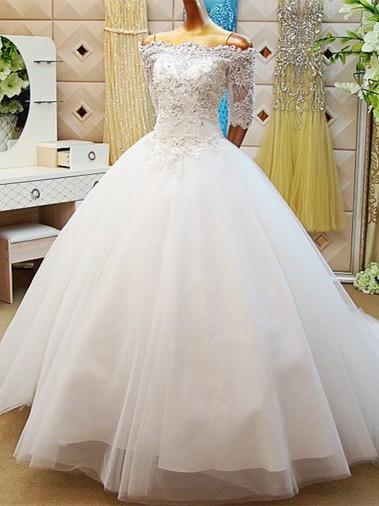 off the shoulder beaded wedding dress