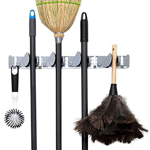 Broom Holder and Garden Tool Garage Organizer 5 Slots 6 Hooks for Rake Mop Wall 