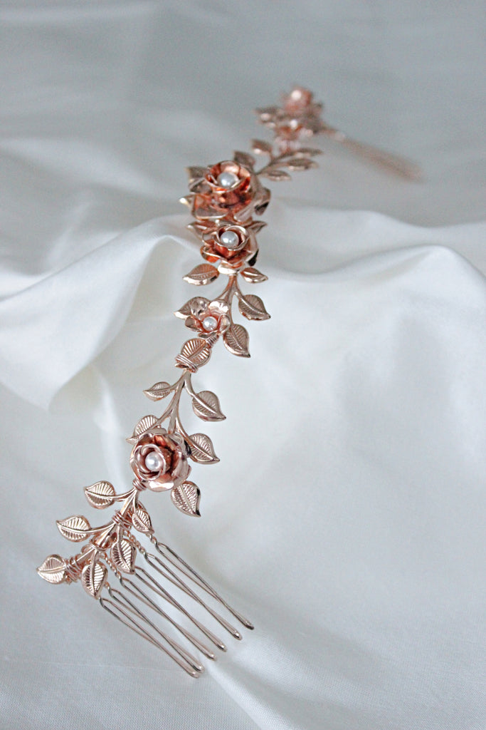 rose gold bridal headpiece,rose gold hairvine, rose gold wedding comb headpiece, floral bridal headpiece,gabbinsbar homestead wedding,queensland bride,blonde bride headpiece