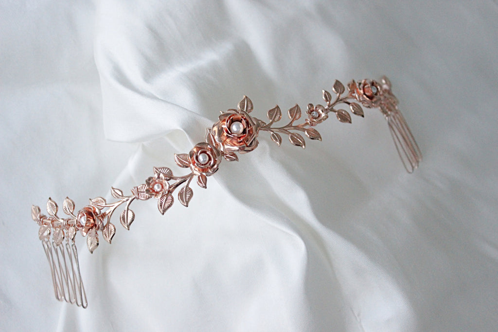 rose gold bridal headpiece,rose gold hairvine, rose gold wedding comb headpiece, floral bridal headpiece,gabbinsbar homestead wedding,queensland bride,blonde bride headpiece