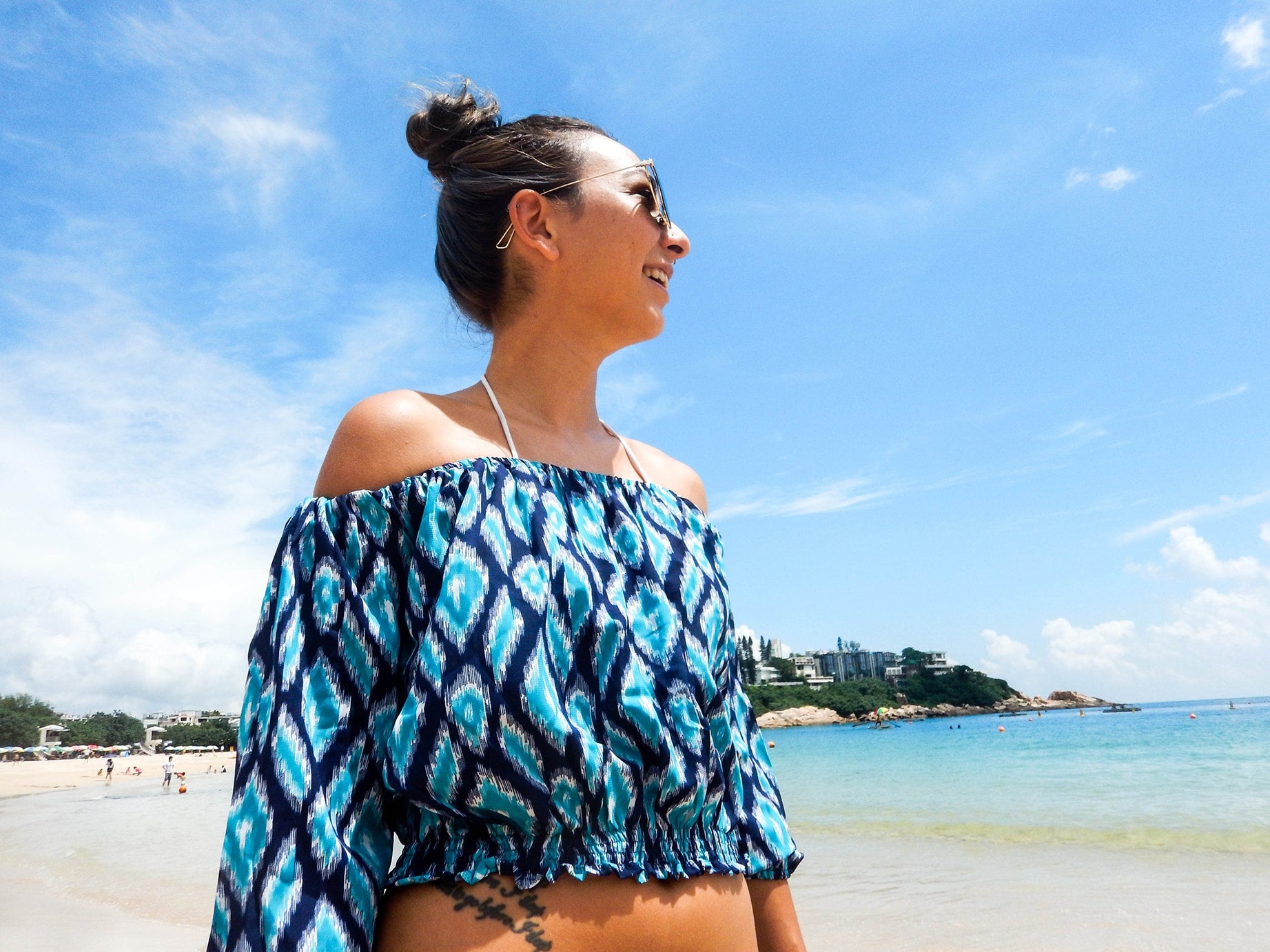 Blue Ikat Off Shoulder Top, Bohemian Resortwear - Aanya Hong Kong