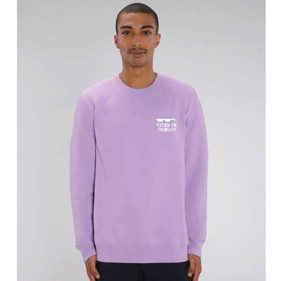Man wearing lavender purple organic sweatshirt with Future Me Problem and Sunglasses printed