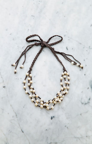 Triple Strands Pearl & Leather Ribbon Necklace
