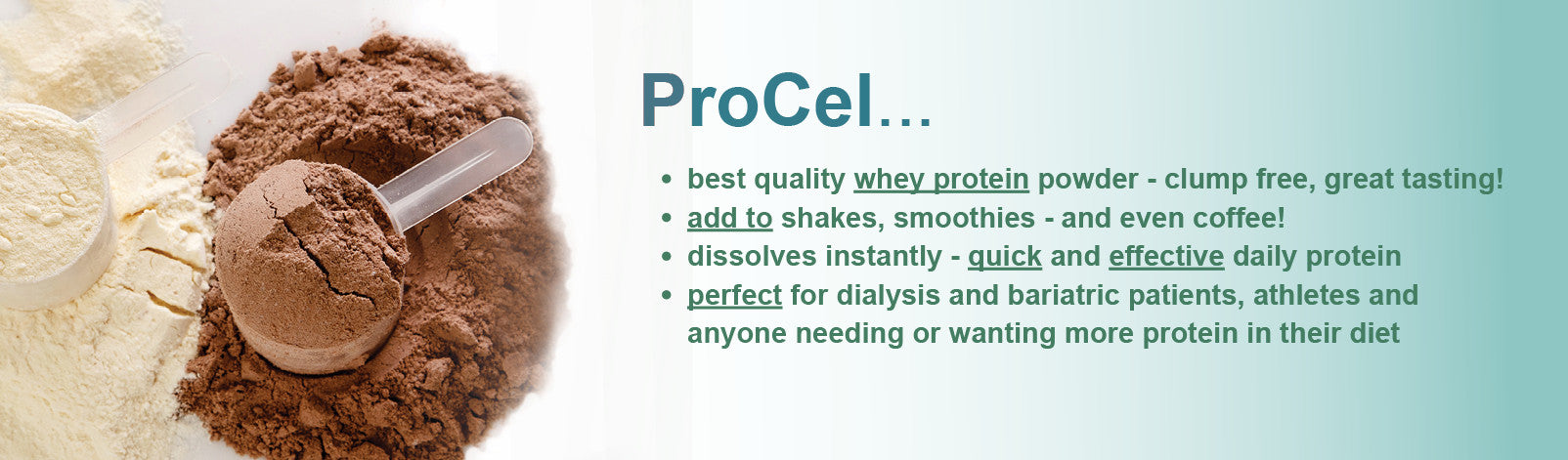 ProCel Powdered Whey Protein in Vanilla and Chocolate