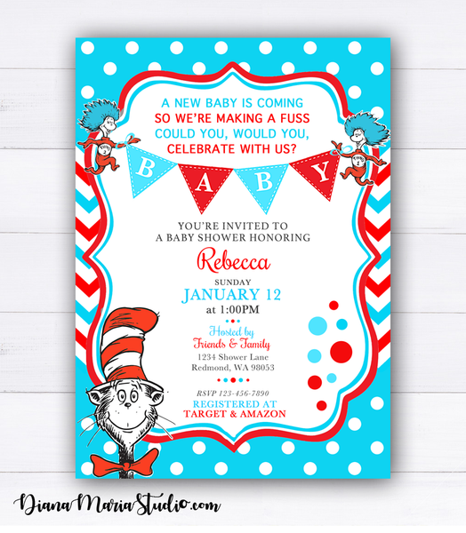 Dr Seuss Baby Shower Invitation Cat in 