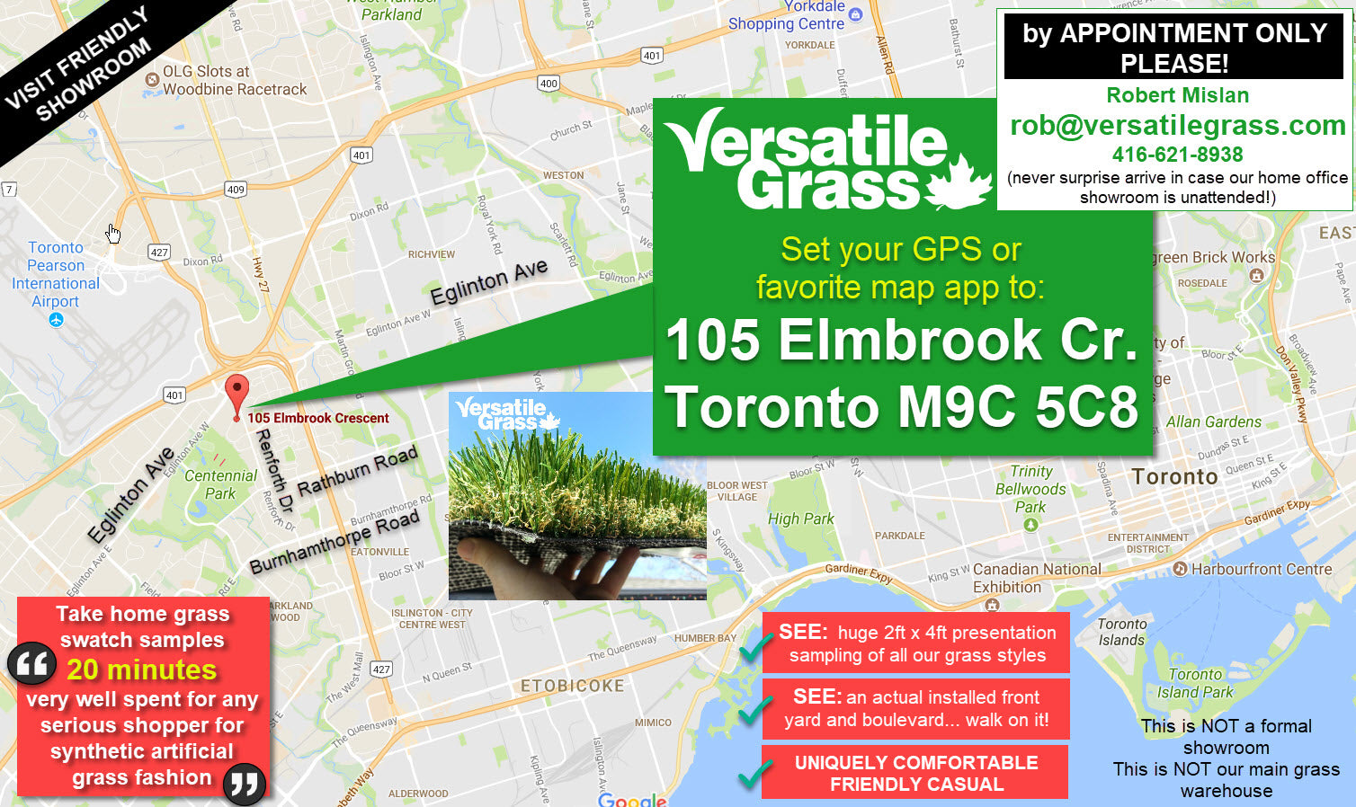Versatile synthetic artificial grass turf Toronto GTA showroom visit map BY APPOINTMENT ONLY Ontario