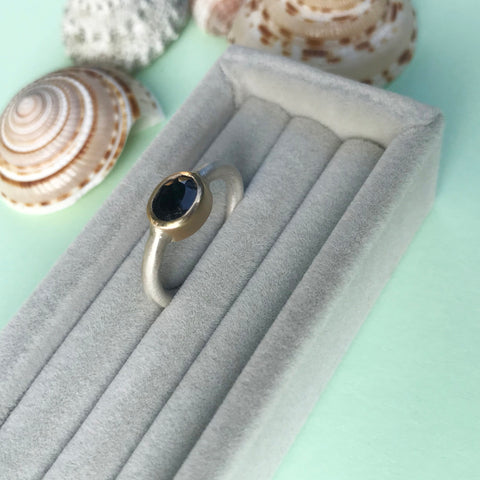 9ct gold and black sapphire ring with sterling silver shank, handmade by Ami AB jewellery