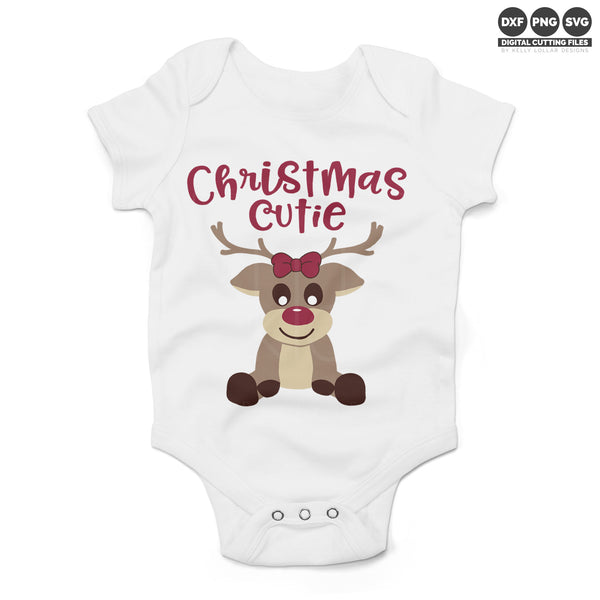 White baby bodysuit with the Girl Reindeer svg and added quote