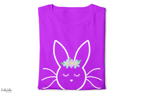 Purple t-shirt with the Sleepy Bunny svg with glitter flowers