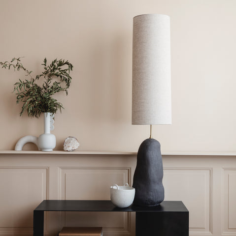 Ferm Living Hebe Lamp Base Large in black and lampshade long in off-white, available from someday designs 