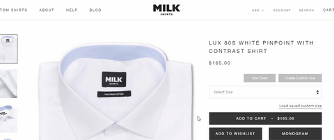 Animation of How to Create a Custom Men's Dress Shirt Size on MILK Shirts Website on the Product Page