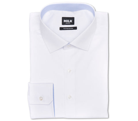 White Men's Dress Shirt with Blue Inner Collar from MILK Shirts with Spread Collar, Angled Button Cuffs and Front Placket