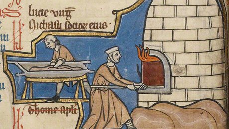 Baking Bread (detail) in a psalter by an unknown illuminator, Belgium, mid-1200s. J. Paul Getty Museum