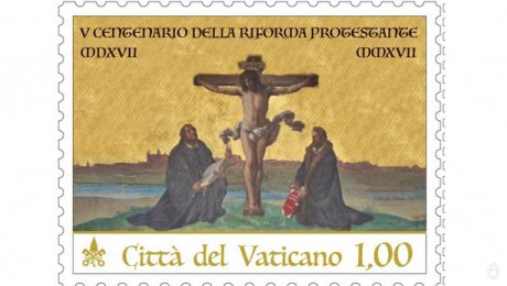 Luther and Melanchthon at the foot of the Cross (Vatican Post-Office Stamp)