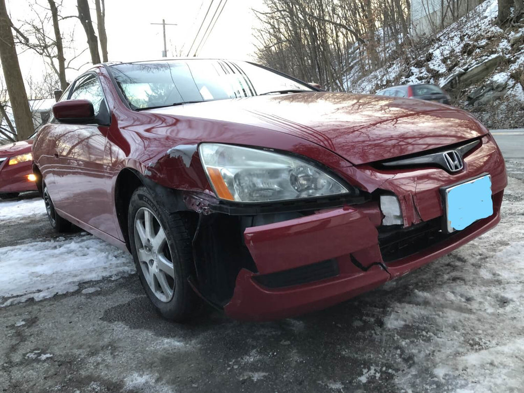 2008 Honda Accord damaged bumper exposing components underneath in need of front bumper replacement