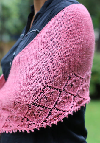 Summer Blooms Shawl by Jayalakshmi published by Knotions magazine using Titus 4ply in Dianthus