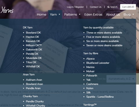 Screenshot of Yarn menu on ECY website