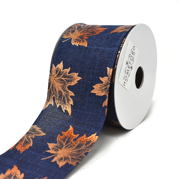 12-Pack, Copper Accent Fall Leaves Wired Ribbon, Blue, 2-1/2-Inch, 10-Yard