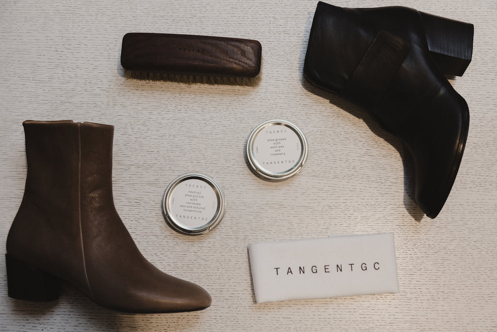 Top view of Tangent GC products beside Coclico boots.
