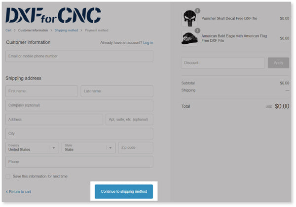 continue to shipping method-dxfforcnc.com