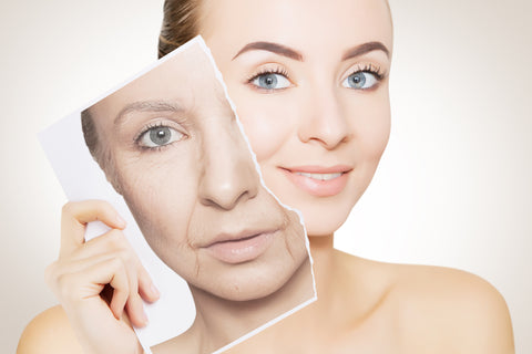 young lady holding picture of her older self with neglected skin