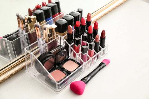 organized cosmetics in plastic organizer
