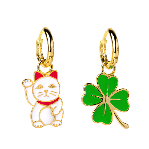 Lucky Cat & Clover Hoop Earrings