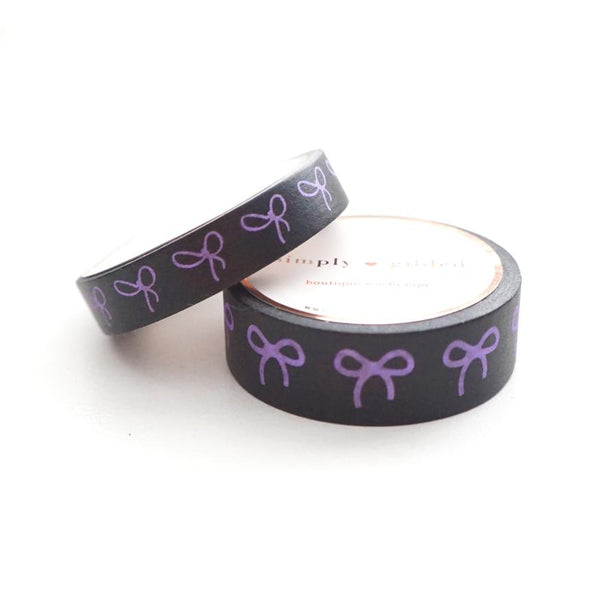 WASHI 15/10mm - black + neon PURPLE BOWS