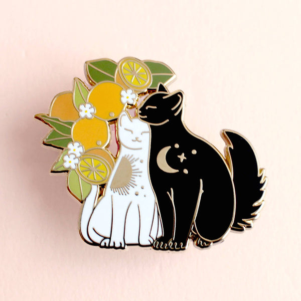 Snuggling Cats with Oranges Enamel Pin