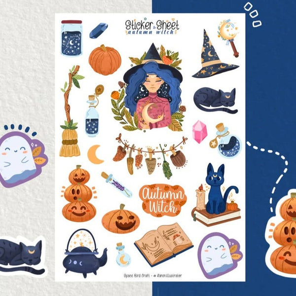 Autumn Witch Sticker Sheet - Bullet Journal Stickers