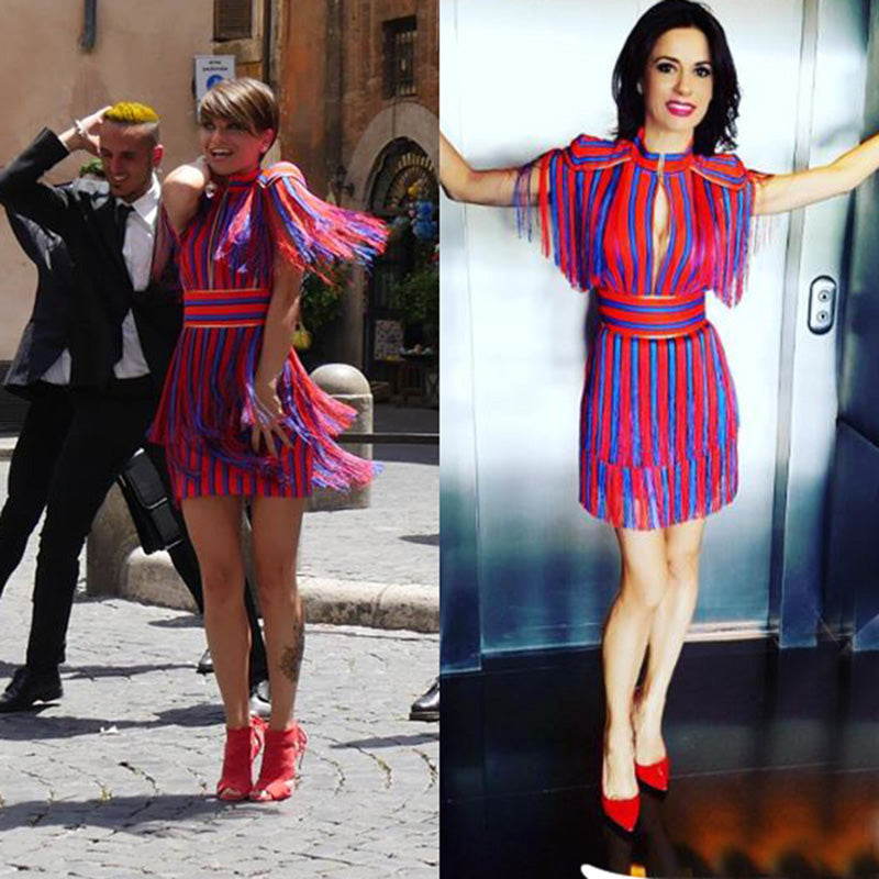 Red and Blue Striped Tassel Fringe Celebrity Dress