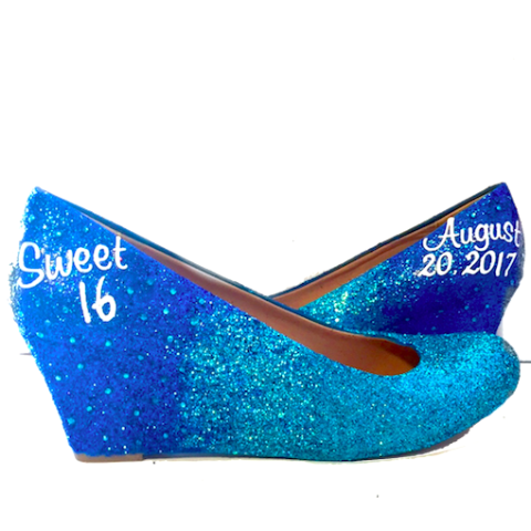 Sparkly Ombre Blue Glitter wedge Heels 