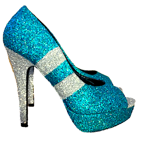 blue and green sequin heels