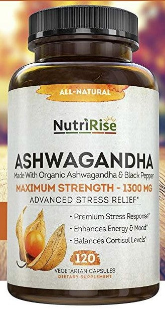 NutirRise Ashwagandha 1300mg Made with Organic Ashwagandha Root Powder & Black Pepper Extract - 120 Capsules.